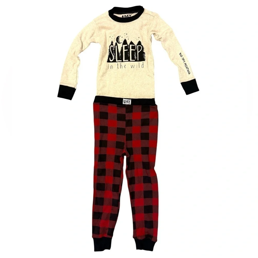 2/$30 Lazy One - Kids Pajama Set - Cream and Red Plaid Print - Sleep in Wild NWT
